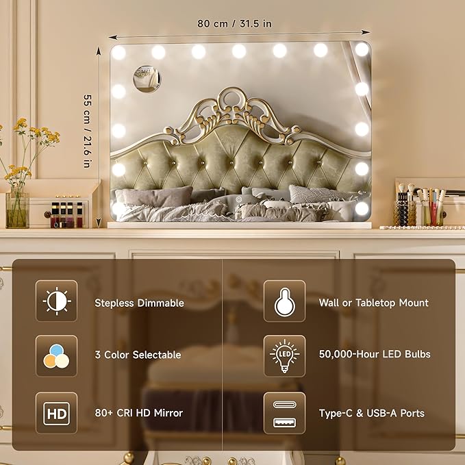 32''X22'' Hollywood Vanity Mirror with Lights, Rounded Rectangle White Frame, 3 Color Lighting Modes & Stepless Dimming, USB & Type-C Charging Port, Wall Mounted Or Tabletop