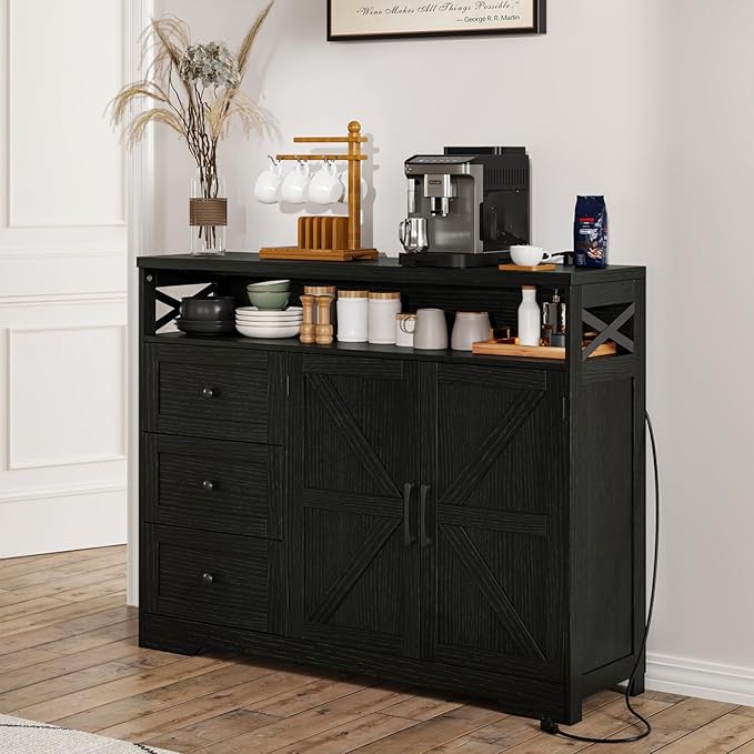 47" Black Storage Cabinet with Barn Doors and Drawers, Farmhouse Sideboard Buffet with Storage, Kitchen Pantry Hutch Cabinet, Coffee Bar Station Table for Kitchen, Livingroom, Dining Room