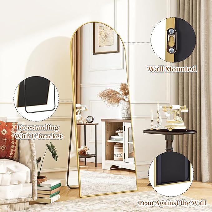 18 x 58 inch Arched Full Length Mirror, Gold Arch Floor Mirror Full Length with Stand, Full Body Standing Mirror for Living Room, Bedroom, Hanging or Leaning Against The Wall