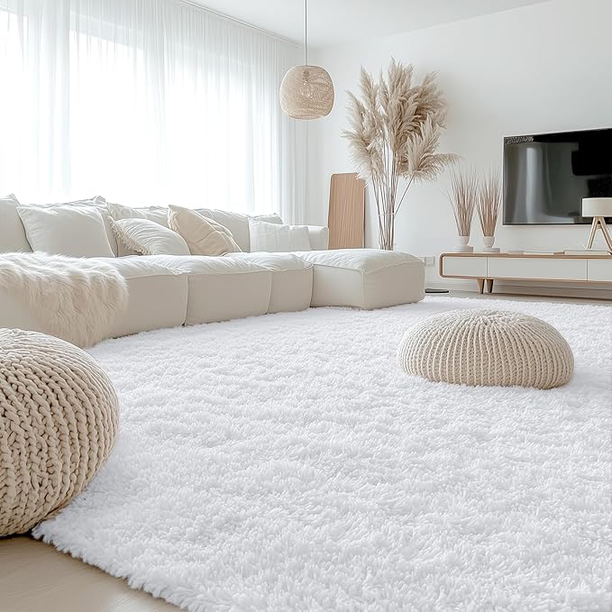 OLANLY 9x12 Machine Washable Large Area Rugs for Living Room, Bedroom, Soft Fluffy Shaggy Bedside Rug, Indoor Floor Carpet for Kids Girls and Boys, Dorms, Nursery, Home Decor Aesthetic, White
