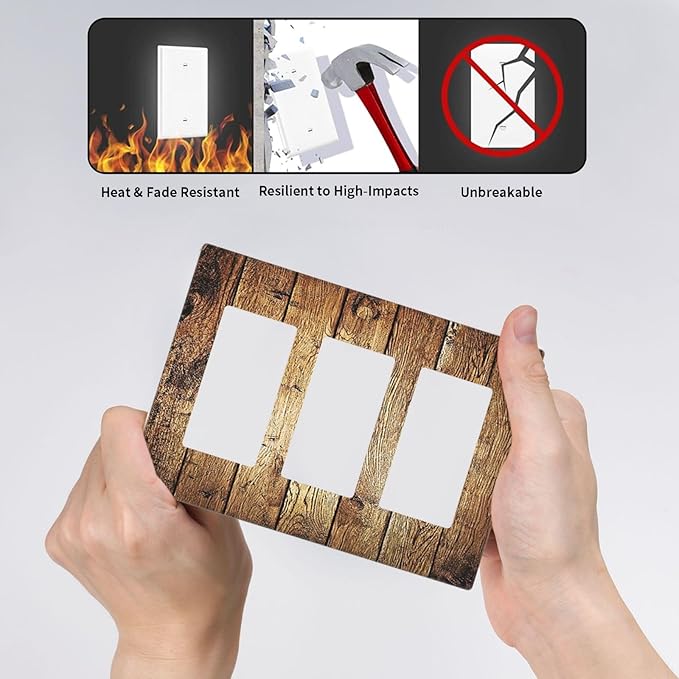 Rustic Brown Wood Natural Wooden Light Switch Covers 3 Gang Rocker Decorative Triple Outlet Wall Plate Cover Switchplate Electrical GFCI for Bedroom Home Decor