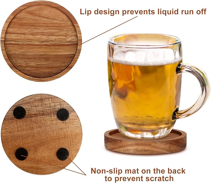 4 Pcs Farmhouse Wooden Coasters with Holder Cute Wood Drink Coaster Set Outdoor Beer Costers Home Decoration Coffee Table Decor Gift Cup Coaster Bar Kitchen Dining Table Accessories Modern Coasters