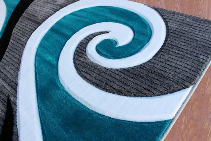 Masada Rugs, Sophia Collection Hand Carved Area Rug Modern Contemporary Turquoise White Grey Black (5 Feet 3 Inch X 7 Feet)