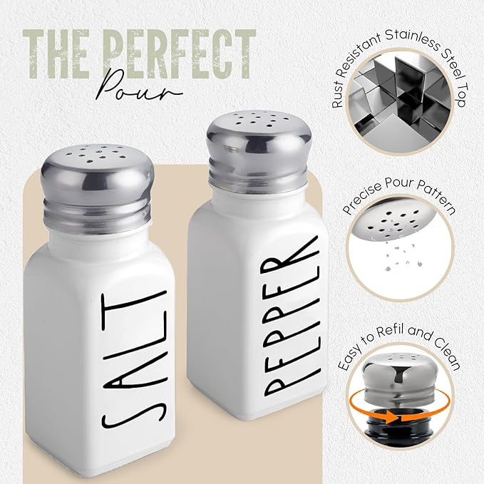 White Salt and Pepper Shakers Set by Brighter Barns - Neutral Minimalist Kitchen Decor - Modern Farmhouse Kitchen Decor - Cute Glass Shakers for Home Restaurants Weddings & Stainless Steel Lid (White)