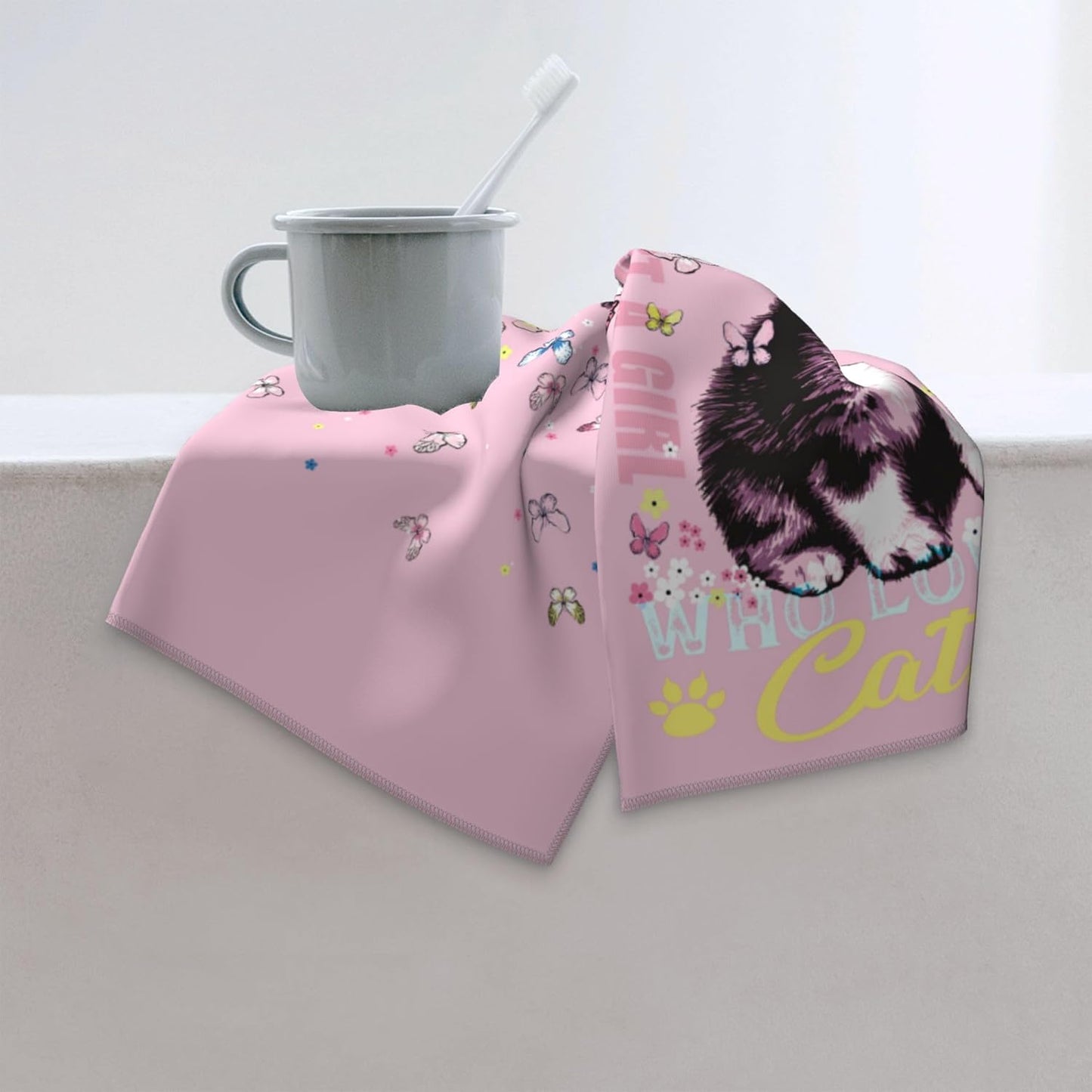 Cute Cat Decorative Bath Hand Towels Set of 2 Soft Absorbent Pink Bathroom Decorative Towels for Bathroom Farmhouse Beach Hotel Spa Gym Yoga Swim 14"x28"