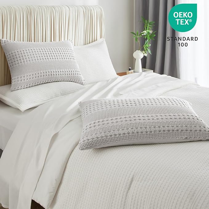 PHF 100% Cotton Waffle Pillow Shams Queen Size, 2 Pack 20" x 30" Soft Skin-Friendly Pillowcases, No Filling, Aesthetic Woven and Breathable Waffle Weave Pillow Case Covers for Bed, Light Grey