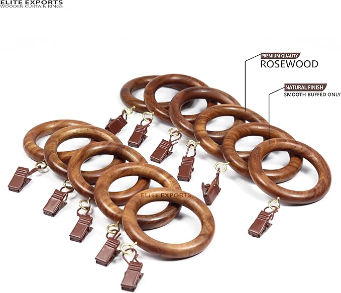 50 Pcs Curtain Rings with Clips Wooden, 2.5 inch for 1-1.5 inch Rod, Window Shower Curtain Hooks, Wood Curtain Rod Wood Curtain Rings with Eyelet, Drapery Rings, (50, 1.75 INCH Inner Dia)