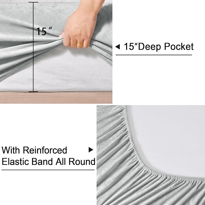 PHF Truly Velvet Fitted Sheet Only Queen Size, Luxury Super Soft Cozy Fuzzy Fleece Bottom Sheet, Deep Pocket Up to 16",Strenghth Elastic Band,Suitable for Fall Winter Spring,No Pillowcases,Sliver Grey