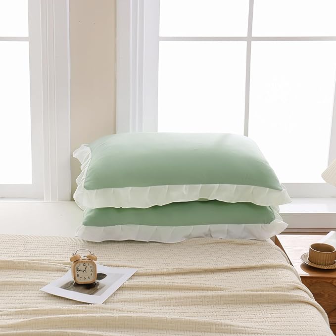 Merryword Green Pillow Shams Green and White Reversible King Pillowcases Cute Pillow Cover Set of 2 Soft Shabby Chic Ruffled Pillowcases 2 Pack (King (20''x36''), Green White)