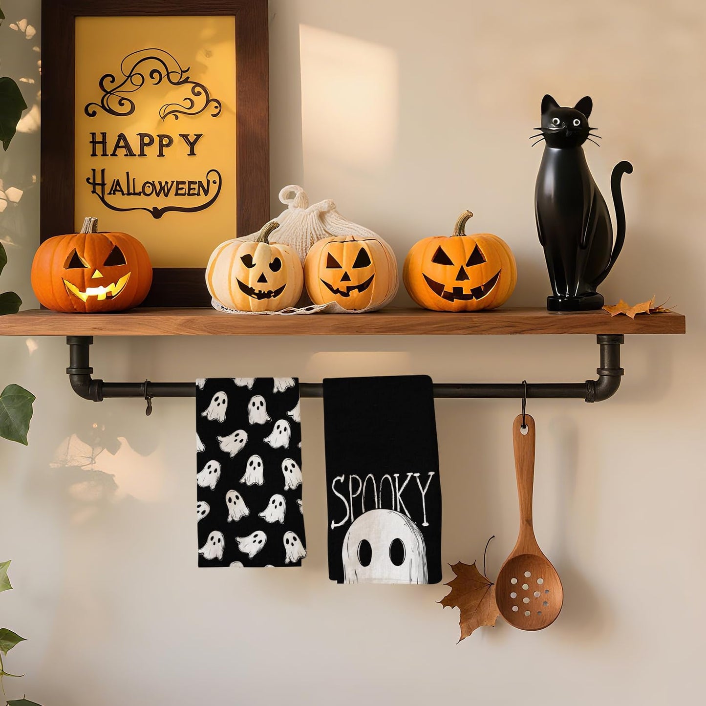Halloween Kitchen Towels, Black White Spooky Ghost Dish Towels, Hand Towels Holiday Home Indoor Bathroom Party Seasonal Decorations Set of 2, 18x26 Inch
