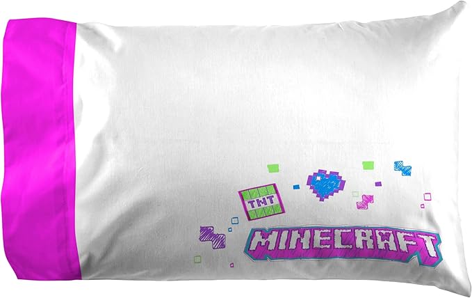 Jay Franco Kids Sheet Set with Fitted, Flat Sheets & Pillow Cover - Ultra-Soft Bedding with Pillowcase for Room Decor, Purple - Minecraft, 4 Piece Full
