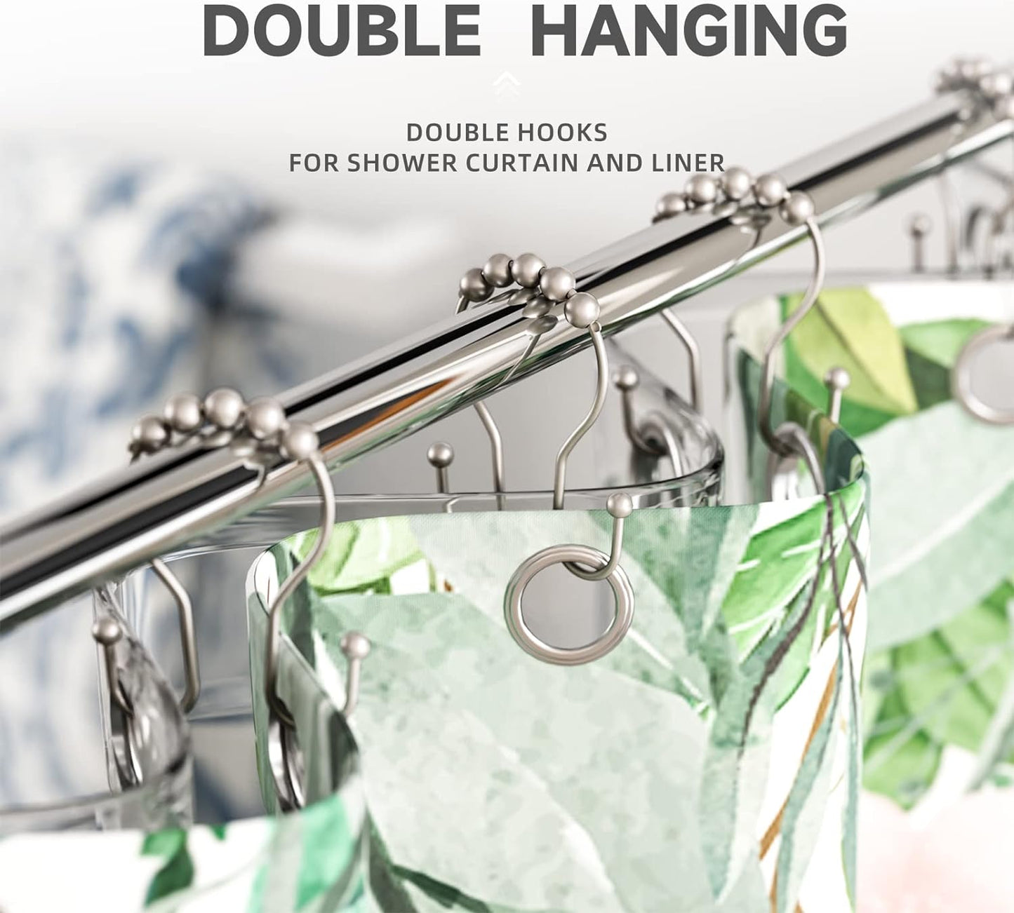 Shower Curtain Hooks Rust Proof Shower Curtain Rings, Smooth Glide Double Hook Shower Curtain Hooks,Shower Hooks for Shower Curtain Matte Nickel Shower Rod Hooks Shower Curtain Hangers 12Pcs