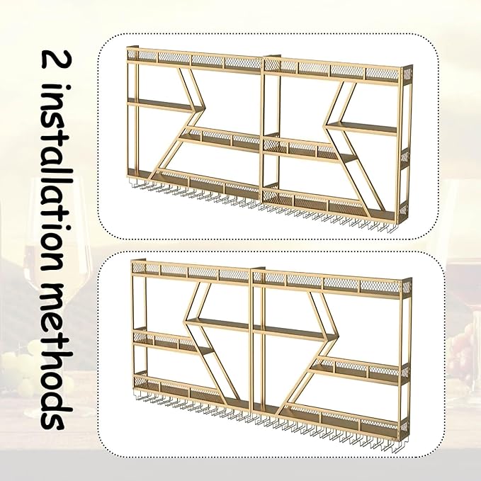 63in Wall Mounted Wine Rack, Large Metal Wine Bottle Holder,4 Tier Modern Fashion Diamond Shaped Floating Bar Unit Wine Storage Shelves, for Home Restaurant Bars Decor (Gold, 4 Tier - 63in)