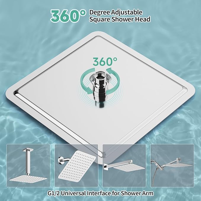SR SUN RISE Luxury 12 Inch Large Square Stainless Steel Shower Head High Pressure Rainfall Showerhead Ultra Thin Water Saving Polished Chrome