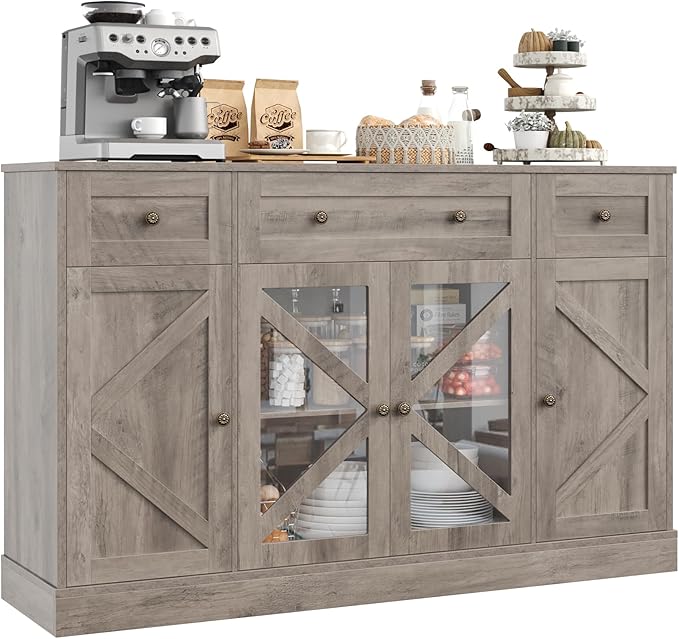 Keyluv Buffet Sideboard 55" Large Storage Cabinet 4 Doors and 3 Drawers, Farmhouse Wooden Coffee Bar Space-Saved Cupboard Furniture for Dining Room, Kitchen, Living Room, Grey Brown