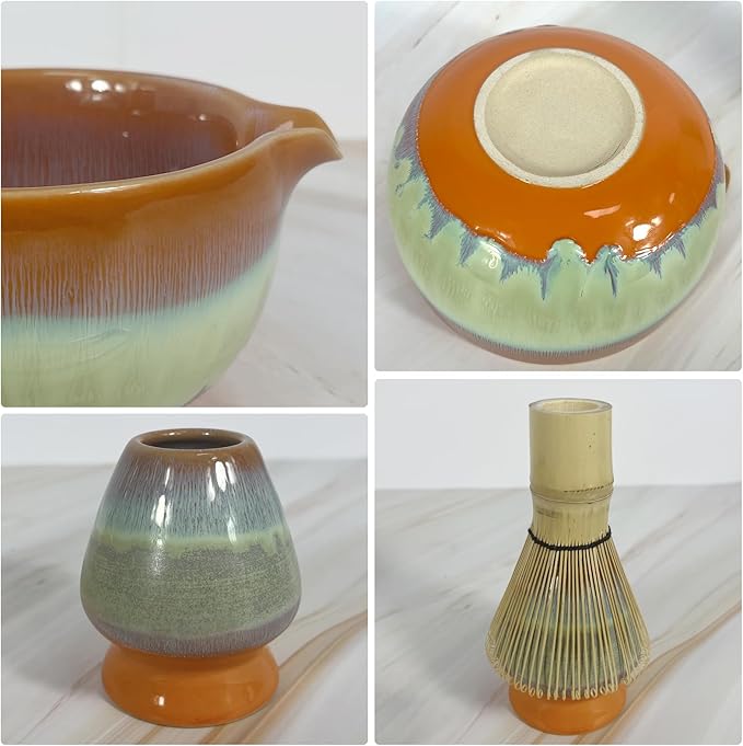 Matcha Whisk Set,6Pcs Matcha Kit Includes Matcha Whisk and Holder,Matcha Bowl with Spout,Matcha Sifter and 2Pcs Matcha Spoon,Suitable as a gift for those who like matcha (Gradient Orange)
