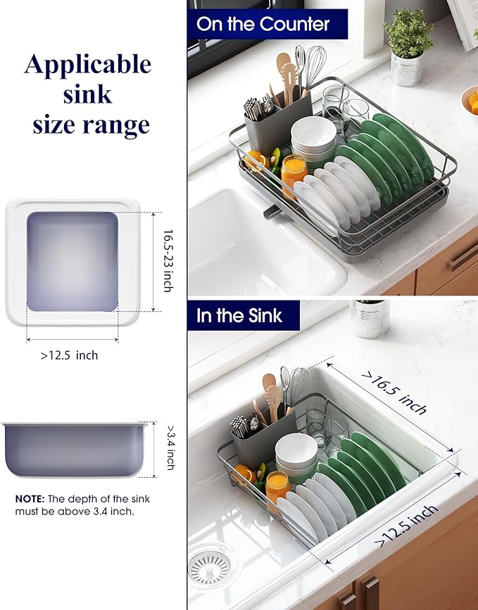 Kitsure Dish Drying Rack for Kitchen Counter, Stainless Steel Sink Organization and Storage Essentials with Cutlery Holder, Home and Appartment Decor, 12''W x 15.5''L, Grey