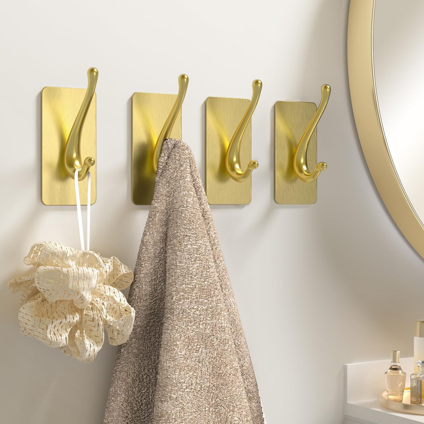 Towel Hooks, Solid Alloy Adhesive Wall Hooks for Hanging, Towel Hooks for Bathroom, RV, Kitchen, Closets, etc (Gold, 4 Pack)
