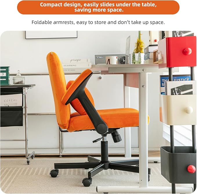 Furnimart Criss Cross Desk Char Wide Seat with Wheels and Arms, 360° Swivel Cross Legged Desk Chair Thick Cushion, Velvet Comfy Armless Home Office Chair for Bedroom, Vanity, Sturdy (Yellow)