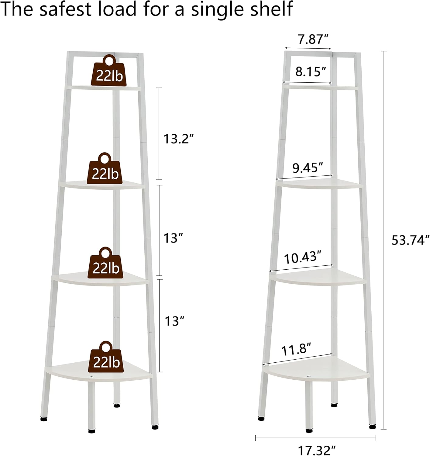 Hoctieon Corner Shelf, 4-Tier Corner Bookshelf, Rustic Ladder Shelf, Industrial Display Stand for Living Room, Kitchen, Home Office, Balcony, Small Space, Metal Frame, White