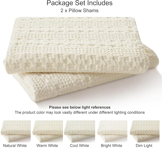 PHF 100% Cotton Waffle Pillow Shams Standard Size, 2 Pack 20" x 26" Soft Skin-Friendly Pillowcases, No Filling, Aesthetic Woven and Breathable Waffle Weave Pillow Case Covers for Bed, Ivory