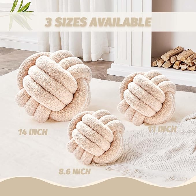 Uvvyui Knot Pillow Ball, Soft Home Decorative Pillows, Round Throw Pillow, Handmade Knotted Plush Pillow, Round Boucle Pillow Cushion (11 Inches Beige)