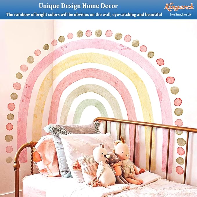 Large Pink Rainbow Wall Decals, Boho Dots Peel and Stick Fabric Nursery Wall Decor, Removable Home Room Wall Decor Murals Stickers for Kids Girls Toddler Bedroom Living Room Playroom