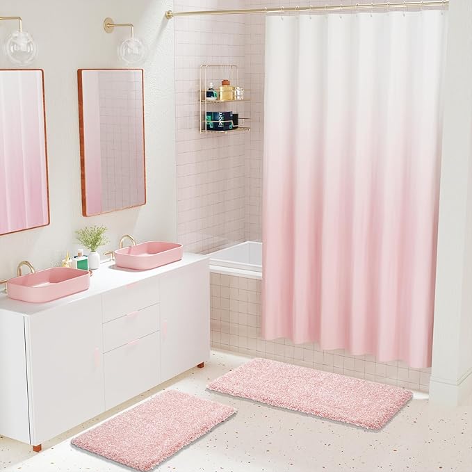 Yimobra Luxury Bathroom Rugs, Fluffy Bath Mats, Non Slip, Water Absorbent Microfiber, Machine Washable, Plush Carpet Shower Rugs, Thick Matts for Bathroom Floor&Tub, 44"x 24", Light Pink and White