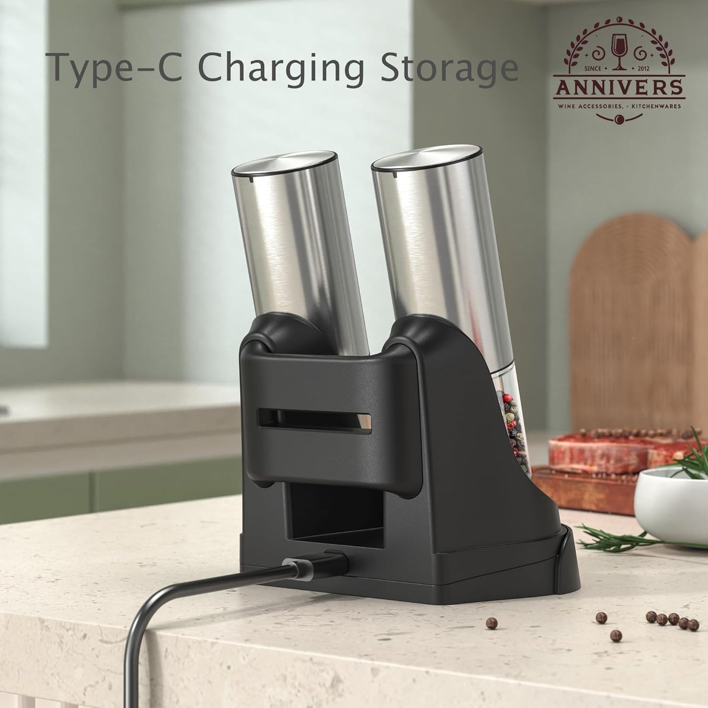 Electric Pepper & Salt Grinder Set, Automatic Seasoning Mill, Type-C Rechargeable Coarseness Adjustable, with LED Light, 95ml Enlarged Silo & Washable Storage Base, Stainless Steel