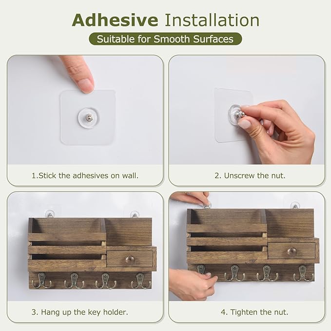 Key Holder Wall Mount, Wooden Adhesive Mail and Key Organizer with Drawer, Small Shelf, 8 Hooks, 2 Installation Methods, Brown