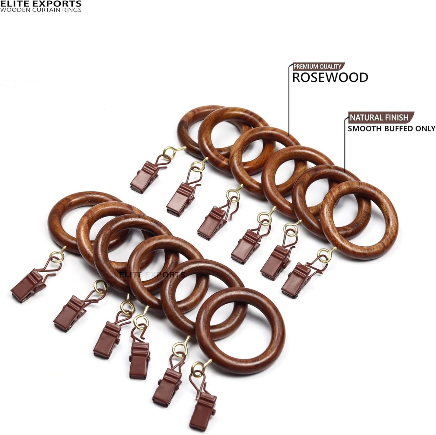 24 Pcs Curtain Rings with Clips Wooden, 2 inch for 1 inch Rod, Window Shower Curtain Hooks, Wood Curtain Rod Wood Curtain Rings with Eyelet, Drapery Rings, (24, 1.25 INCH Inner Dia)