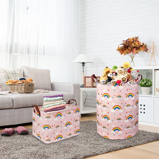 Pink Rainbow Laundry Hamper,Baby Nursery Hamper,Kids Toy Storage Basket for Girls Bedroom,Gift Basket,Room Decor(Rainbow)