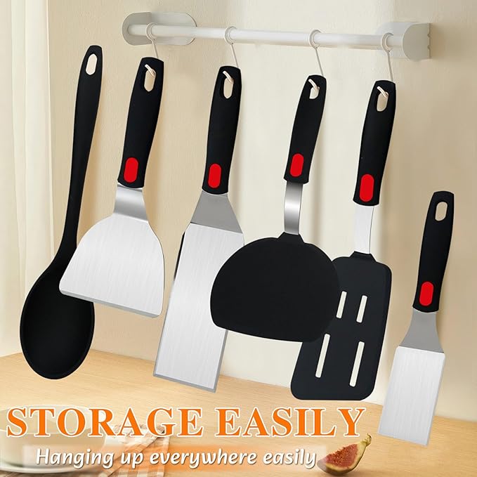 6-Pieces Silicone Spatula Turner Metal Stainless Steel Spatulas Set, Food-Grade 600°F Heat-Resistant Tools for Grilling, Burgers, Omelets and Pancakes with Non-Slip Handles