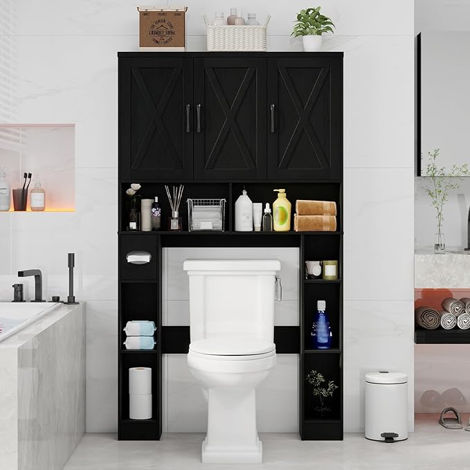 Over The Toilet Storage Cabinet, Farmhouse Toilet Cabinet Rack with 3 Barn Doors, Space Saving Bathroom Organizer with Shelves, Toilet Paper Holder and Towel Rack for Bathroom,Restroom,Pure Black