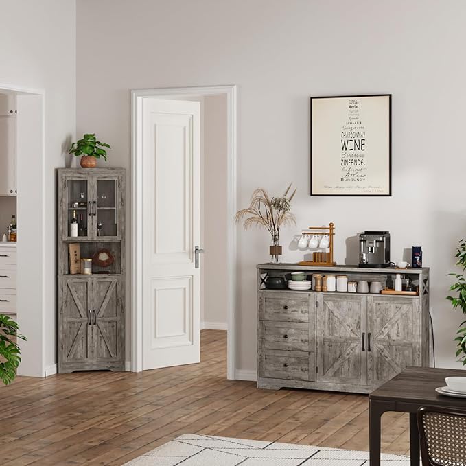 47" Distressed Grey Farmhouse Storage Cabinet with Doors & Drawers, Sideboard Buffet Cabinet with Storage, Kitchen Pantry Hutch, Coffee Bar Station Table for Kitchen, Living Room, Dining Room