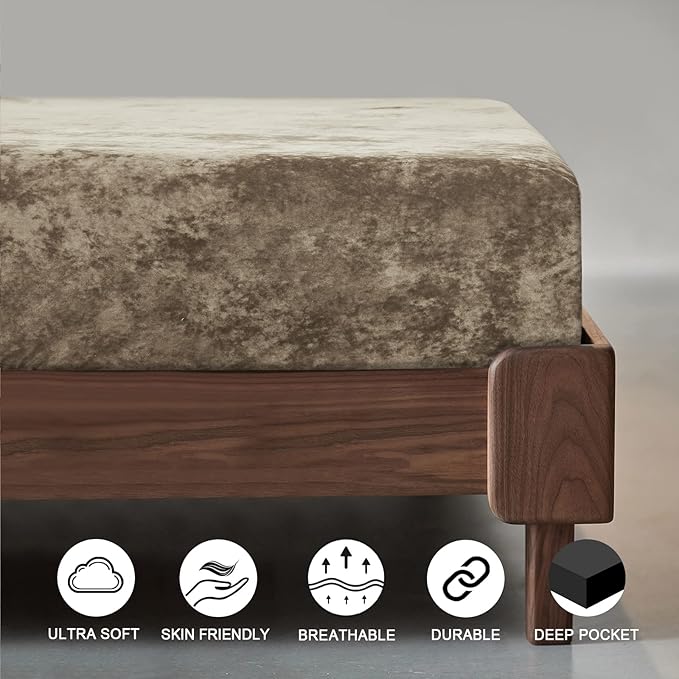 PHF Truly Velvet Fitted Sheet Only Queen Size, Luxury Super Soft Cozy Fuzzy Fleece Bottom Sheet, Deep Pocket Up to 16",Strenghth Elastic Band,Suitable for Fall Winter Spring, No Pillowcases, Khaki