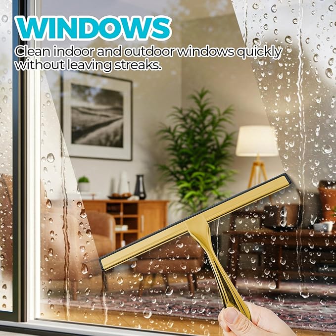 2PACK 10-Inch Golden All-Purpose Shower Squeegee for Shower Doors, Bath Linen Sets, Tile Shower Walls, Bathroom, Window, Glass and Car Windshield, Mirrors and Kitchen-Stainless Steel