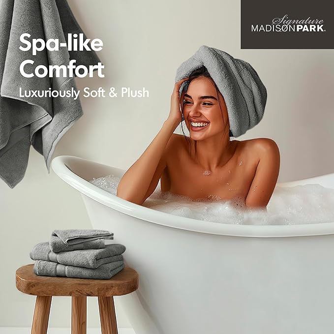 Madison Park 800GSM Bathroom Towel Set of 8 100% Cotton Bath Towel Set for Bathroom Luxurious Highly Absorbent 2 Bath Towels 2 Hand Towels 4 Washcloths Quick Dry Spa Quality Grey
