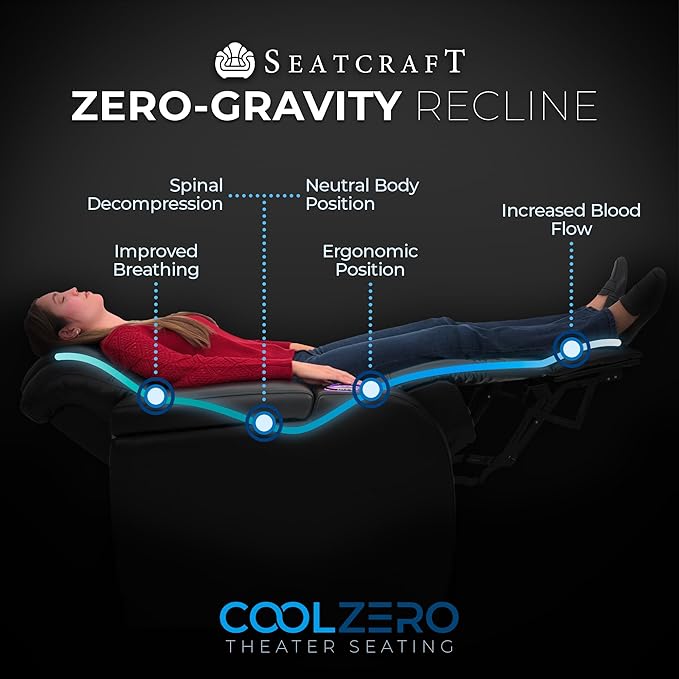 Seatcraft Diamante Zero-Gravity CoolZero Italian Leather Home Theater Seating, Power Headrest, Power Recline, Single Recliner, Black