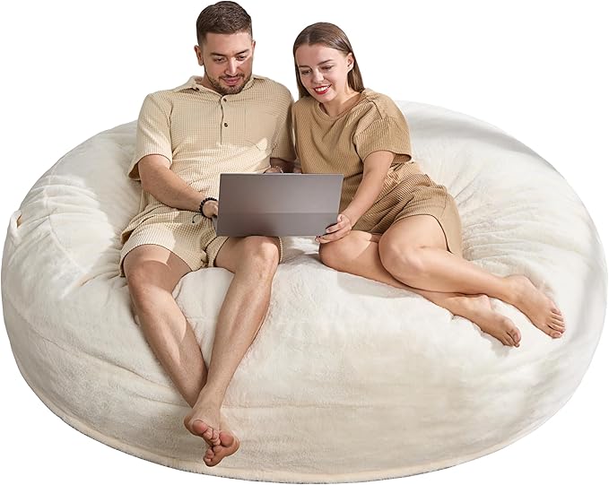 Hobestluk 6ft Bean Bag Chairs for Adults Large Beanbag Chair with Plush Faux Fur Cover Big Bean Bag Chair for Living Room Bedroom Dorm Office - White (70" x 70" x 15")