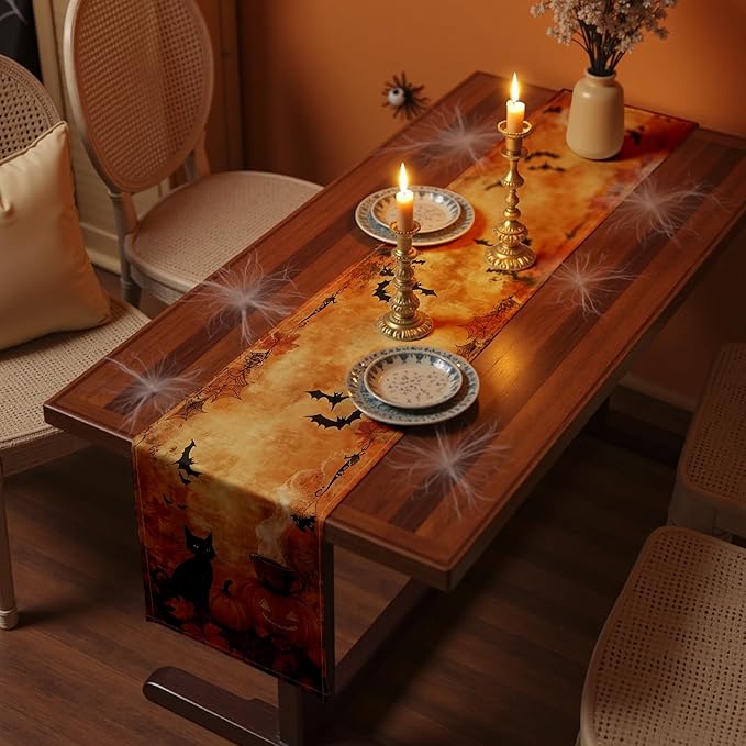 Halloween Table Runner with Black Cats, Bats & Pumpkins, Table Decoration for Dining Party and Home Decor,36x13 inches
