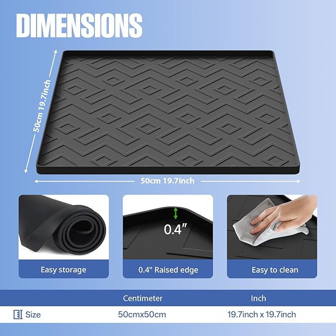 Water Cooler Mat – 19.7" x 19.7" Silicone Water Dispenser Mat for Floor & Countertop, Spill-Proof & Waterproof Tray for Coffee Maker, Kitchen, Pets, Office Use (Black, 19.7' * 19.7')