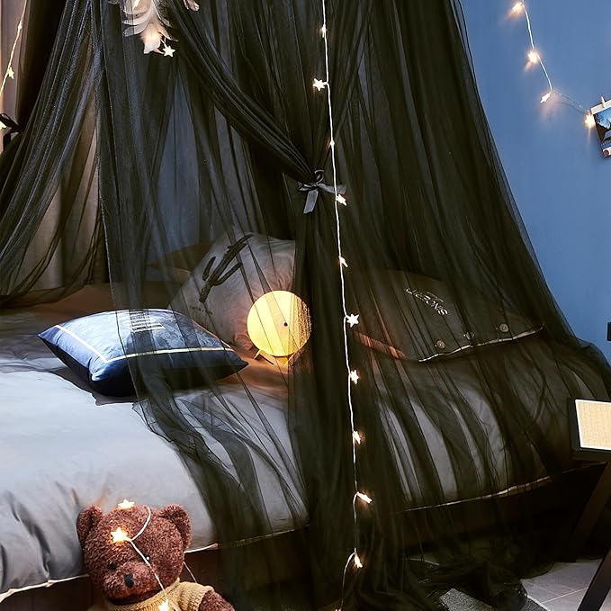 Kertnic Dreamy Bed Canopy for Girls, Princess Canopy Curtains Double Layer Sheer Mesh, Kids & Adults Canopies Netting Room Decor Tent Mosquito Net for Queen King Bed (Double Layer-Black)