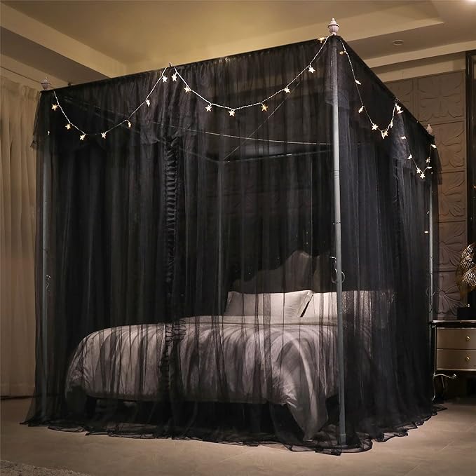 VETHIN 4 Corners Post Ruffle Princess Bed Canopy Curtain-Double Layer Cozy Drape Netting 4 Opening Mosquito Net for Girls Adults Bedroom Decoration (Double-Black,64" W*82" L*82"*H/Queen)