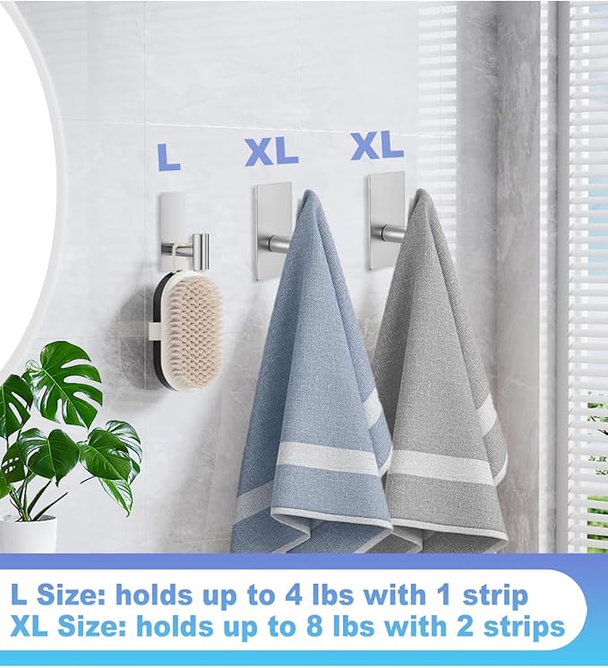 4 Pcs Towel Hooks Heavy Duty for Hanging,Adhesive Wall Hooks with Removable Strips,Sticky No Damage,Outdoor for Bathrooms,Shower,Stockings,Decor,Robe,Large,Silver 304 Stainless Steel