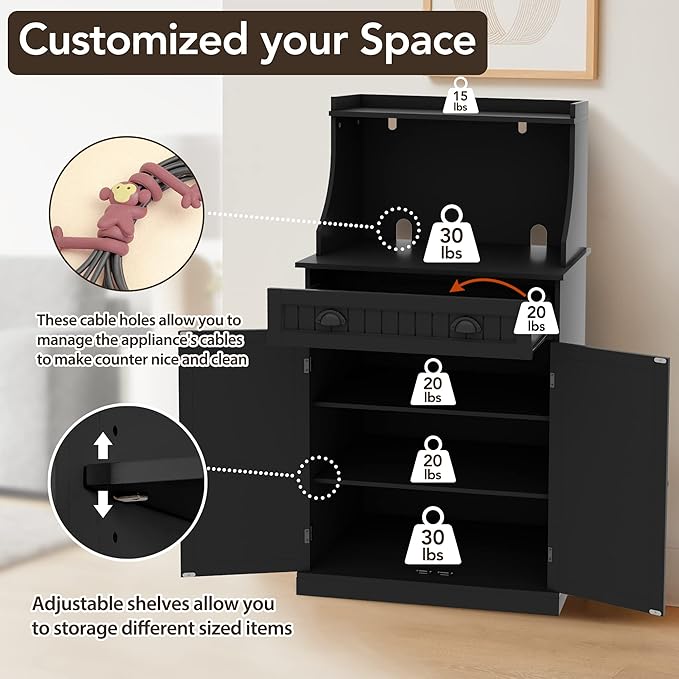 54" Freestanding Kitchen Pantry Storage Cabinet with Doors and Adjustable Shelves, Microwave Oven Cabinet with Drawer for Kitchen, Bathroom or Hallway,Black