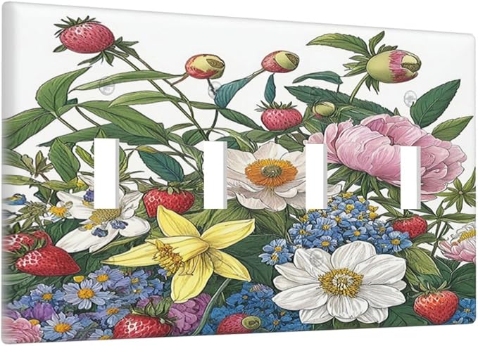 Spring Watercolor Flower Plant Strawberry Peony Floral Light Switch Covers Quad Toggle 4 Gang Wall Plate Decorative Switch Plates Electrical Faceplate for Bedroom living Room Decor