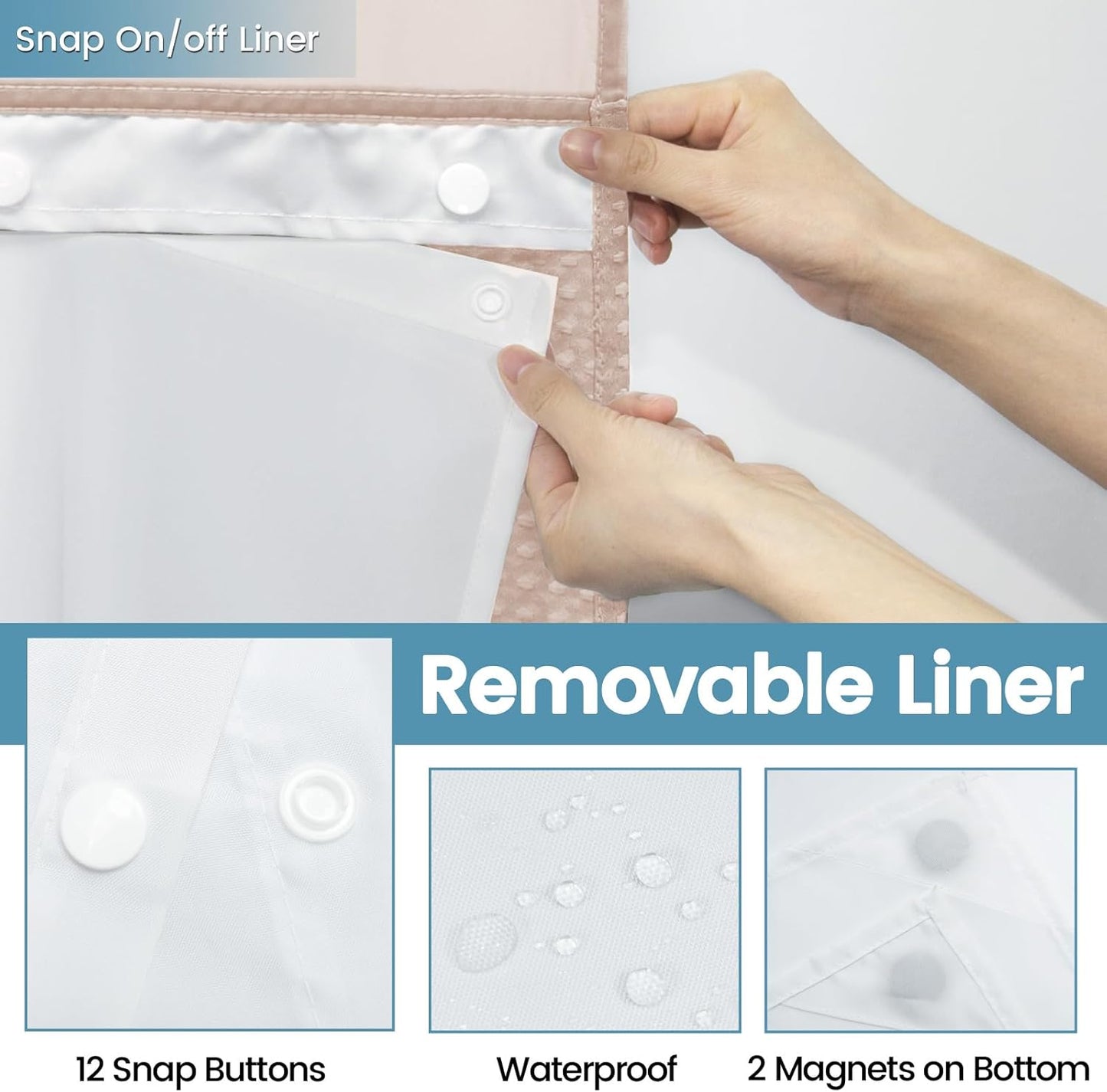 Blush Pink Long No Hook Shower Curtain with Snap in Liner,230GSM Waffle Weave Shower Curtains for Bathroom,71W x 86H