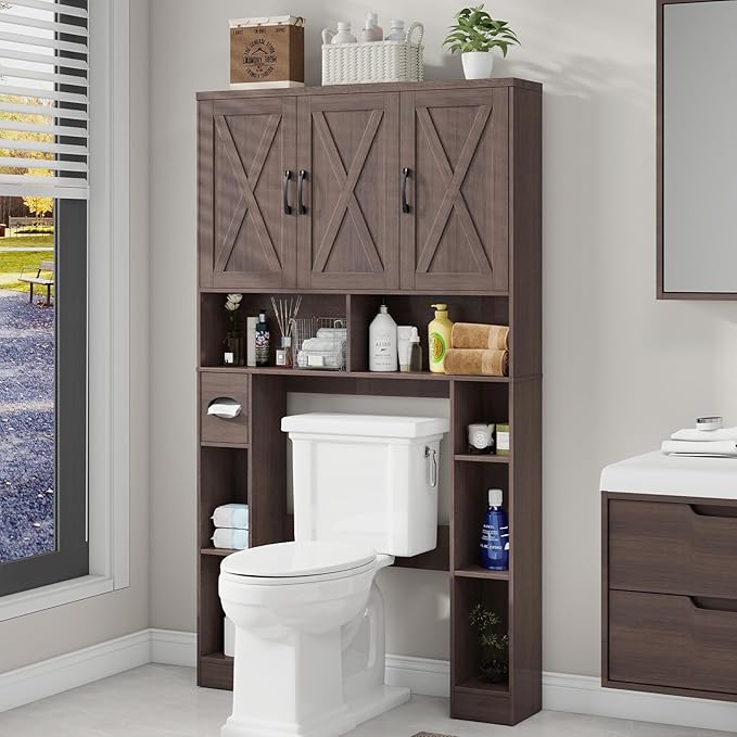Over The Toilet Storage Cabinet, Farmhouse Toilet Cabinet Rack with 3 Barn Doors, Space Saving Bathroom Organizer with Shelves, Toilet Paper Holder and Towel Rack for Bathroom,Restroom, Espresso
