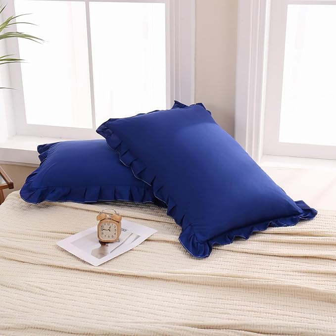Merryword Navy Blue Pillow Shams Navy Standard Pillowcases Cute Pillow Cover Set of 2 Soft Shabby Chic Ruffled Pillowcases 2 Pack (Queen (20''x30''), Navy Blue)